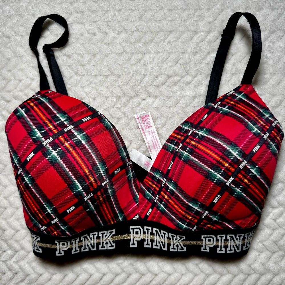 Victoria's Secret EUC Wear Everywhere Wireless Lightly Lined Red Plaid Bra 32DD